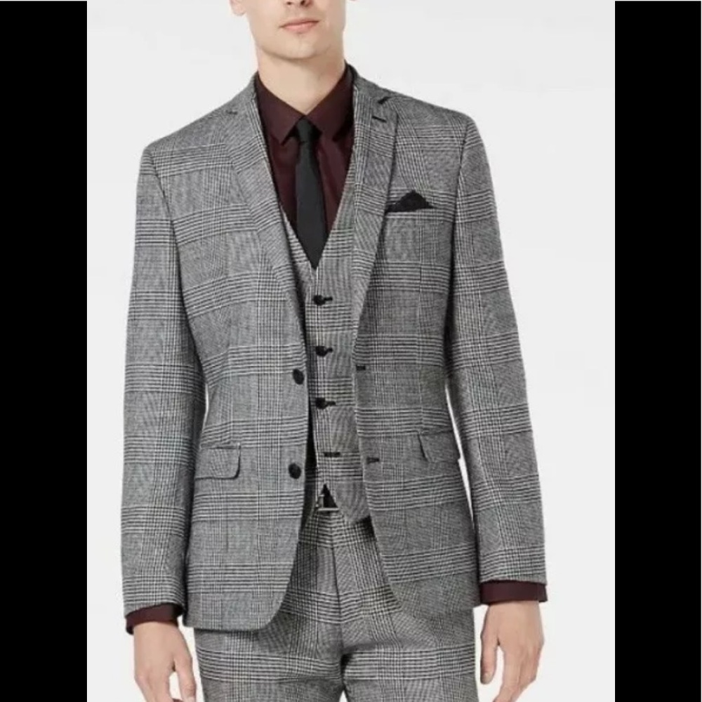 Bar III black & white collection slim fit blazer jacket plaid 38 L Long